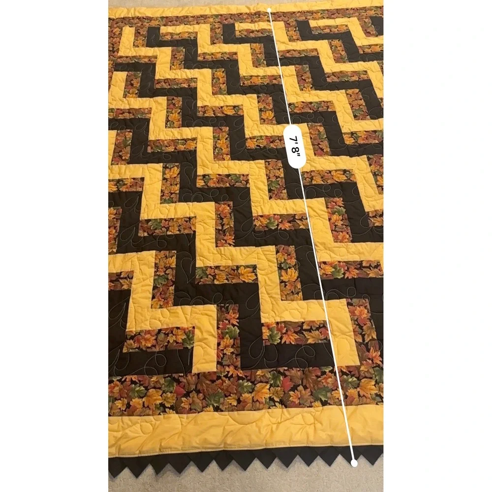 Handmade Autumn Leaf Patchwork Quilt Zig Zag Geometric Gold Black